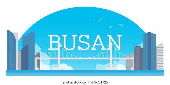 Busan travel banner Vector illustration. Beautiful rope bridge and cityscape building.