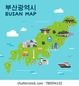 Busan travel map vector illustration, Attractions in flat design. Korean character is " Busan Metropolitan City "