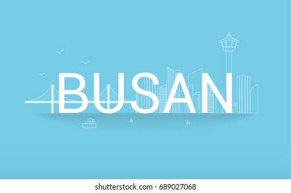 Busan Vector illustration. Rope bridge, tower and cityscape building outline. Landmark in Busan.