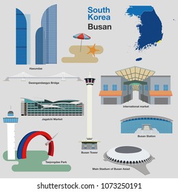 Ilustración del vector Busan. Torre Busan y edificio de paisajes urbanos. Busan, Corea.