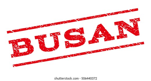 Busan watermark stamp. Text caption between parallel lines with grunge design style. Rubber seal stamp with unclean texture. Vector red color ink imprint on a white background.