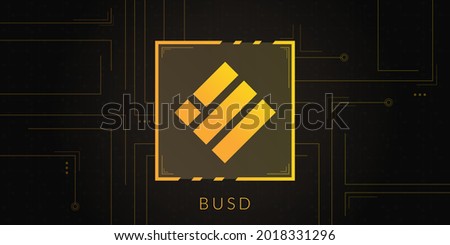 BUSD cryptocurrency logo on dark background with circuits decoration.
