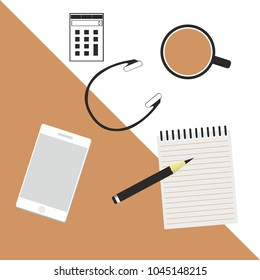 buseiness workspace table coffee phone spiral note news concept 