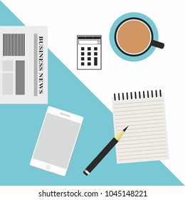 buseiness workspace table coffee phone spiral note news concept 