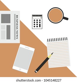 buseiness workspace table coffee phone spiral note news concept 