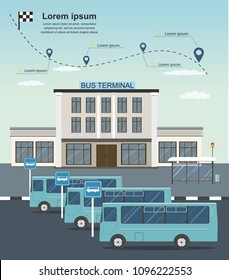 Buses at the bus terminal station. Transportation infographics. Flat vector illustration