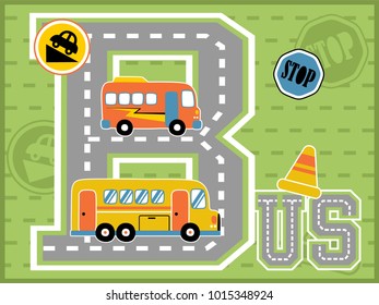 Buses cartoon vector with traffic elements illustration