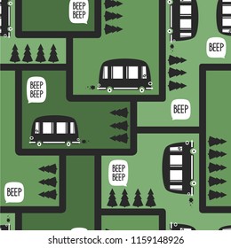 Buses, fir trees, hand drawn backdrop. Colorful seamless pattern with transport. Decorative cute wallpaper, good for printing. Overlapping colored background vector