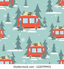 Buses, fir trees, snow, hand drawn backdrop. Colorful seamless pattern with transport. Decorative cute wallpaper, good for printing. Overlapping colored background vector