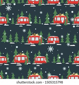 Buses, fir trees, snow, hand drawn backdrop. Colorful seamless pattern with transport. Decorative cute wallpaper, good for printing. Overlapping colored background vector