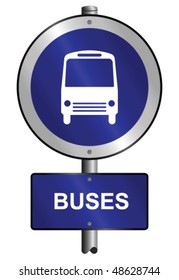 Buses graphic and text information sign mounted on post