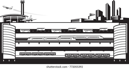 Buses, trains and subway between town and airport - vector illustration