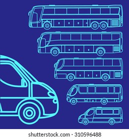 Buses and vans line drawing icon set