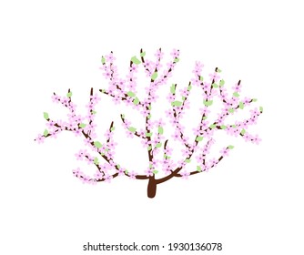 Bush in blossom with delicate light pink flower branches in simple flat style, vector illustration for Welcome spring concept, greeting cards, banners, invitations