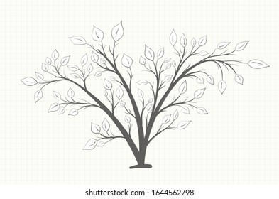 Bush with branches and leaves of different shapes in vintage style on a notebook sheet