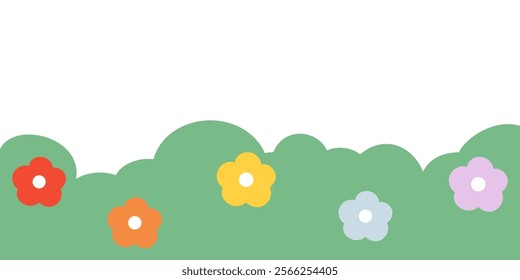 Bush with colorful flowers border frame. Natural, blossom, garden, environment concepts. Flat decorative vector design isolated illustration.