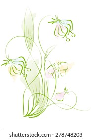 Bush delicate ornamental flowers and butterfly. sketch