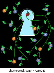 The bush with flowers grows through a keyhole