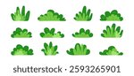Bush grass, forest tree and plant, green garden icon. Cartoon symbol park, leaf, lawn. Landscape and meadow, abstract field, cute foliage set isolated on white background. Nature vector illustration