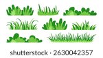 Bush grass, forest tree and plant, cartoon garden icon. Green park, leaf, lawn. Meadow and landscape, abstract field, cute foliage set isolated on white background. Nature simple vector illustration