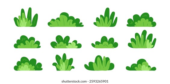 Bush grass, forest tree and plant, green garden icon. Cartoon symbol park, leaf, lawn. Landscape and meadow, abstract field, cute foliage set isolated on white background. Nature vector illustration