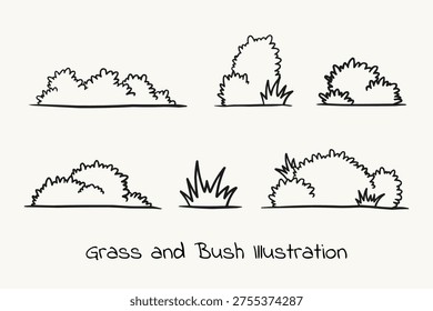 Bush and Grass Hand Drawn Doodle Outline Drawing Vector Illustration