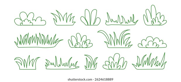 Bush grass linear icon, meadow tuft doodle outline design, grass tuft, small lawn, green sketch plant on white bg. Garden thicket hand draw border. Floral scribble editable stroke. Vector illustration