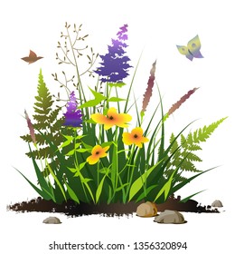 Bush of green grass and flowers with pieces of black soil and stones. Vector illustration.