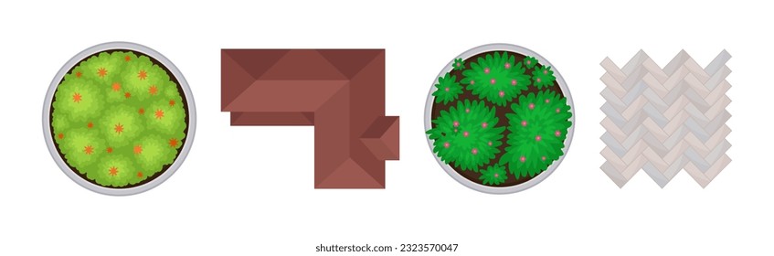 Bush Growth, Pavement and Roof Top as Landscape Elements Above View Vector Set