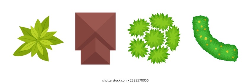 Bush Growth and Roof Top as Landscape Elements Above View Vector Set