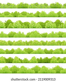 Bush horizontal pattern. Seamless print with with cartoon green hedge and shrubs. Vector texture