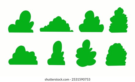 bush illustration, collection of green foliage bushes cartoon, vector isolated on white