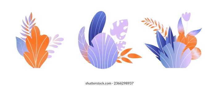 Bush leaves. Gradient colors foliage. Summer floral. Silhouette palm branches. Simple garden plants. Jungle nature trees. Tropical forest. Botanical landscape flat elements vector set