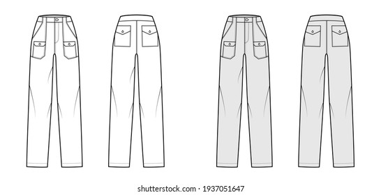 Bush pants Denim pants technical fashion illustration with normal waist, high rise, patch bellows cargo pockets. Flat apparel template front back, white, grey color style. Women, men unisex CAD mockup