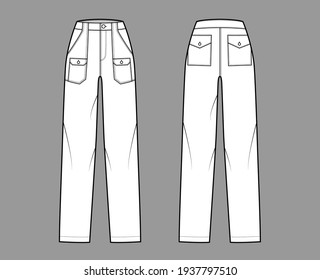 Bush pants Denim pants technical fashion illustration with normal waist, high rise, patch bellows cargo pockets. Flat bottom apparel template front back, white color style. Women men unisex CAD mockup