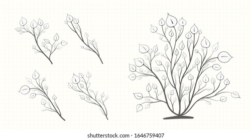 Bush plants and a set of branches with leaves of different shapes in a gray tone in vintage style on a notebook sheet 