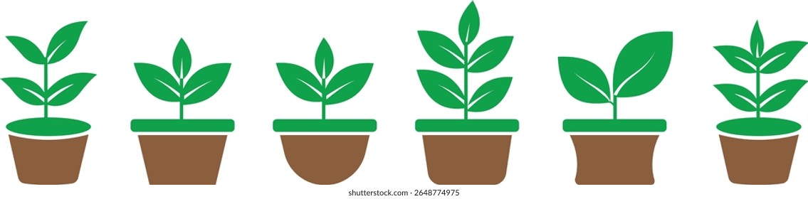 Conjunto de ícone plano de planta em vaso Bush. Silhueta cultivando planta caseira, plântula para decorar o interior com a natureza e plantio com o cultivo em vetores jardim. Símbolos de crescimento, frescura e eco.