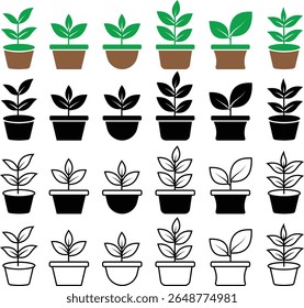 Bush envasado planta plana e conjunto de ícone de linha. Silhueta cultivando planta caseira, plântula para decorar o interior com a natureza, plantio com o cultivo em vetores jardim. Símbolo de crescimento, frescura e eco.