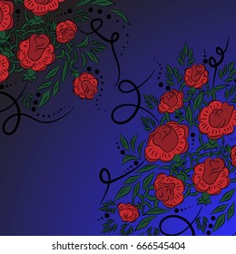 A bush of red roses. A vector illustration, bright, on a blue background, drawn by hand