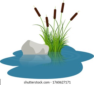 Bush reeds with stone on the water. Reeds stern and grey stone reflected in the lake water with water rounds