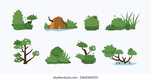 bush and rock landscape icon set, vector illustration, flat design for any purpose