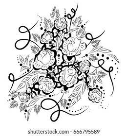 Bush rose .Vector illustration, black and white,painted, hand-drawn