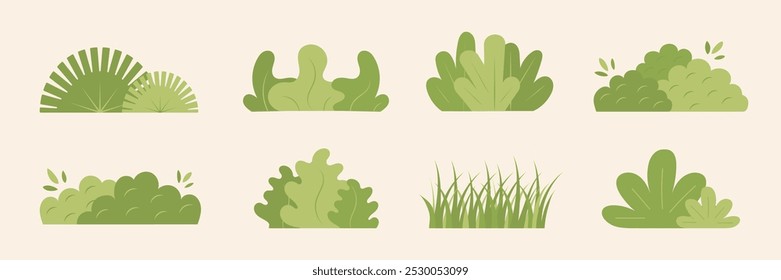 Ilustração do vetor de arbusto de Bush.  Conjunto de arbustos de bordas com folhas. Verde natureza caule grama isolada no fundo branco.