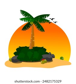 arbustos, arbustos, playa y palmeras en el Vector de la mañana y la tarde