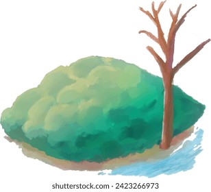 bush with small tree front of water illustration