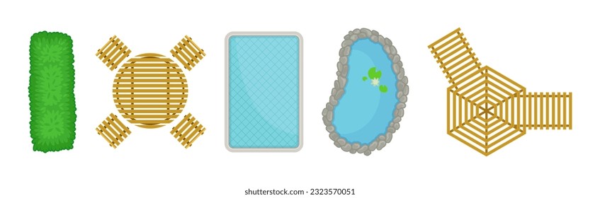 Bush, Swimming Pool, Wooden Table and Gazebo as Landscape Elements Above View Vector Set