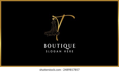 Bush typography letter T, t Boutique logo template. Initial alphabet letter T Handwritten Signature. Creative Golden handwriting letter T with girl.
