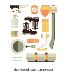 Bushcraft camping illustration grid set