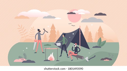 Bushcraft camping in outdoors with tent and fireplace tiny person concept. Adventure expedition in wild nature vector illustration. Simple outside accommodation equipment and primitive survival skills