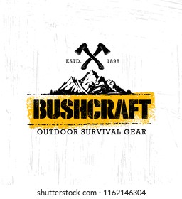 Bushcraft Outdoor Adventure Prepper Survival Equipment Vector Banner Design Element. Creative Rough Camping Sign Concept On Distressed Grunge Background